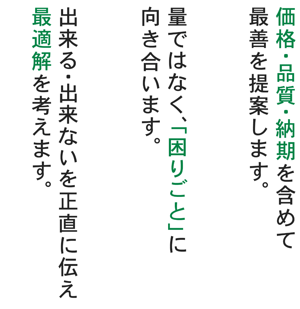 価格・品質・納期を含めて最善を提案します。値段交渉ではなく、価値のすり合わせ量ではなく、「困りごと」に向き合います。単品・少量案件にも真摯に対応 出来る・出来ないを正直に伝え、最適解を考えます。短納期は“無理”ではなく“相談”から